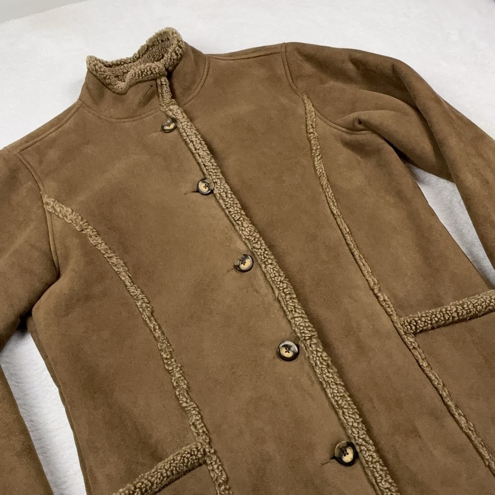 L.L.Bean Coat Womens S Brown Suede Mid-Length Faux Sherpa Trim Lined Pockets
